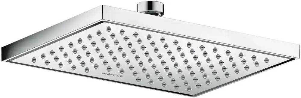 Duschkopf von AXOR mit quadratischer Fläche und unterschiedlich angeordneten Auslassdüsen, glänzend verchromt, montiert an einer Deckenstütze.